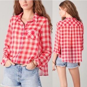 Free People FP Red Gingham Plaid Semi Sheer Flowy Button Front Shirt Size S/P